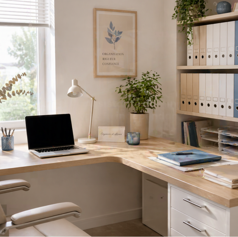 Espace de travail d'une assistante administrative indépendante dédié à la gestion administrative des entreprises