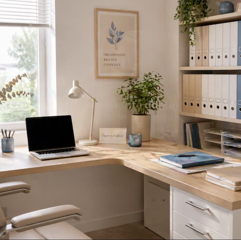 Espace de travail d'une assistante administrative indépendante dédié à la gestion administrative des entreprises, artisans et associations